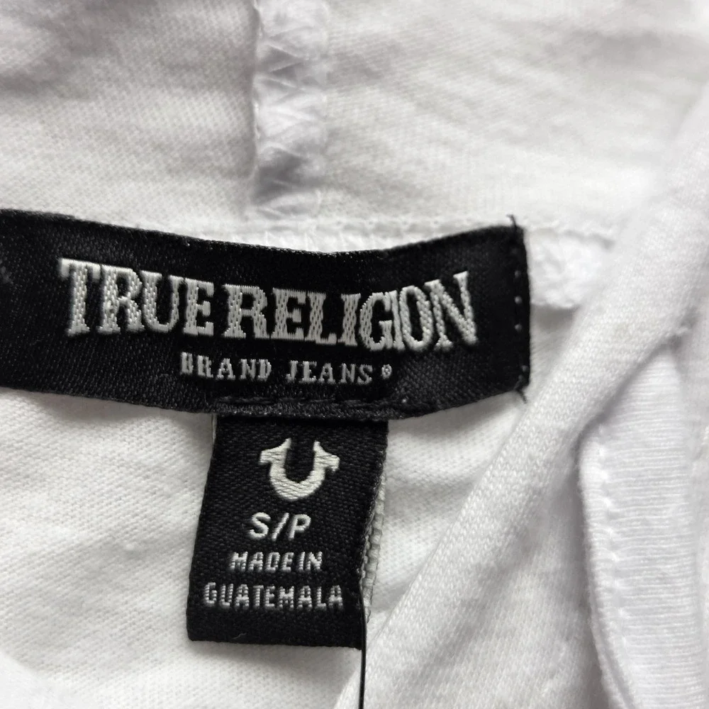 True Religion Hoodie Shirt Mens Small White Sleeveless Graphic Logo Pullover